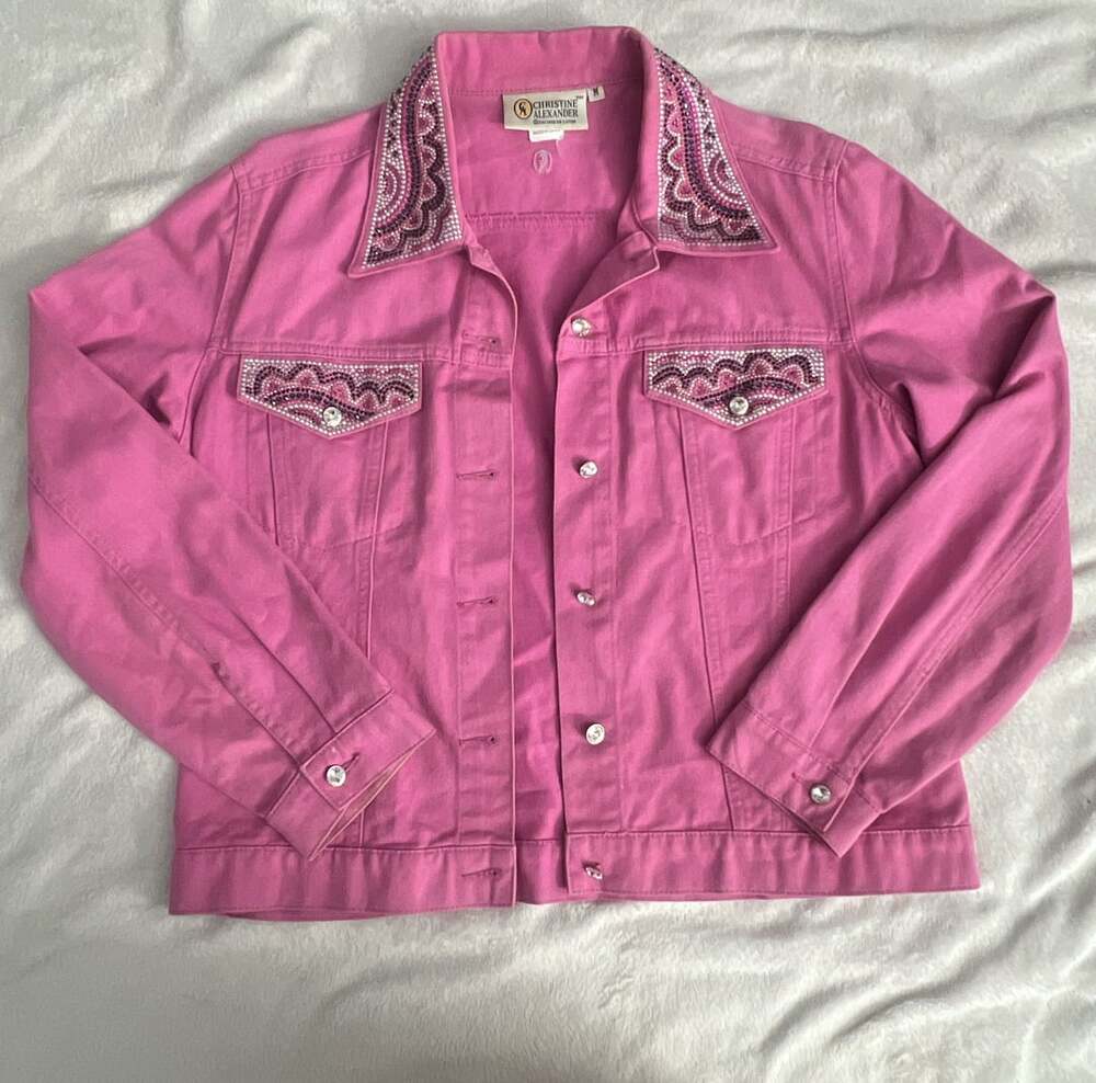 Christine Alexander Hot Pink Denim Jacket With Crystals And Rhinestones Size M